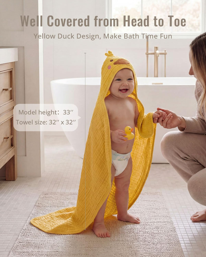 Muslin Baby Hooded Towel 2 Pack, Soft & Absorbent Bath Towel for Infant, Toddler, Unisex, Baby Gift, Newborn
