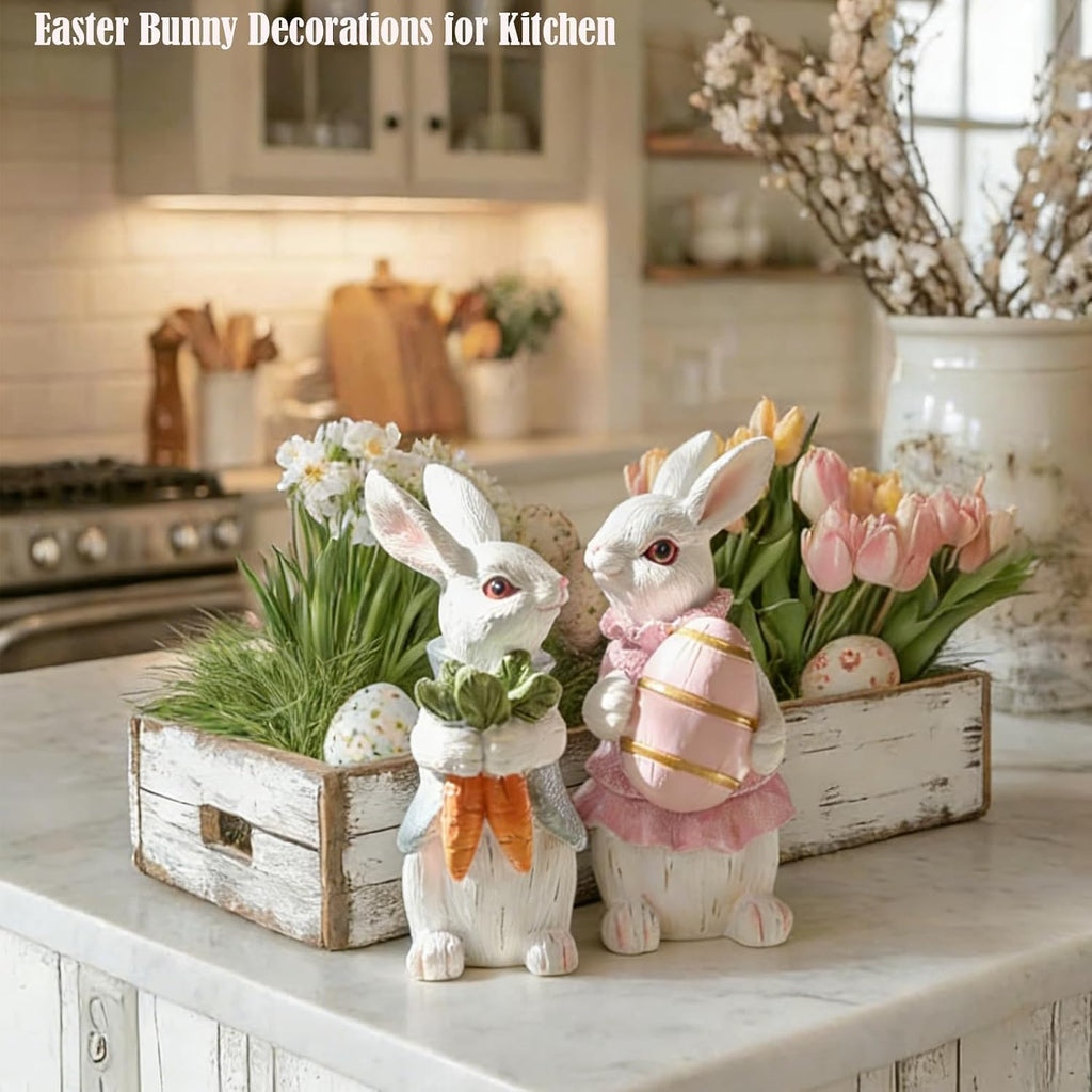 Easter Decorations - Resin White Easter Bunny - Small Bunny Statues Figurines Decor Table Centerpieces - Set of 2