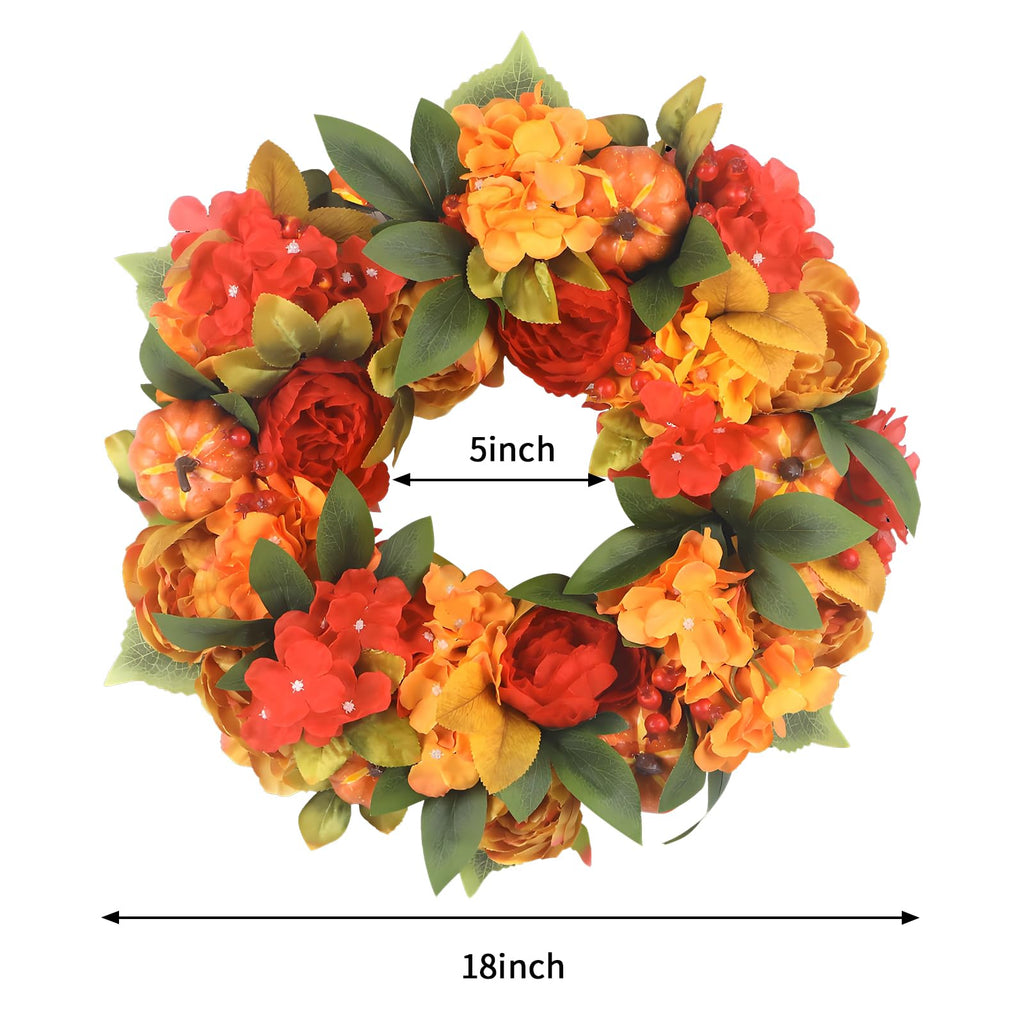 18In Fall Wreaths for Front Door, Bright Pumpkin Hydrangea Wreath, Peony Wreaths for Front Door Indoor Outdoor Autumn