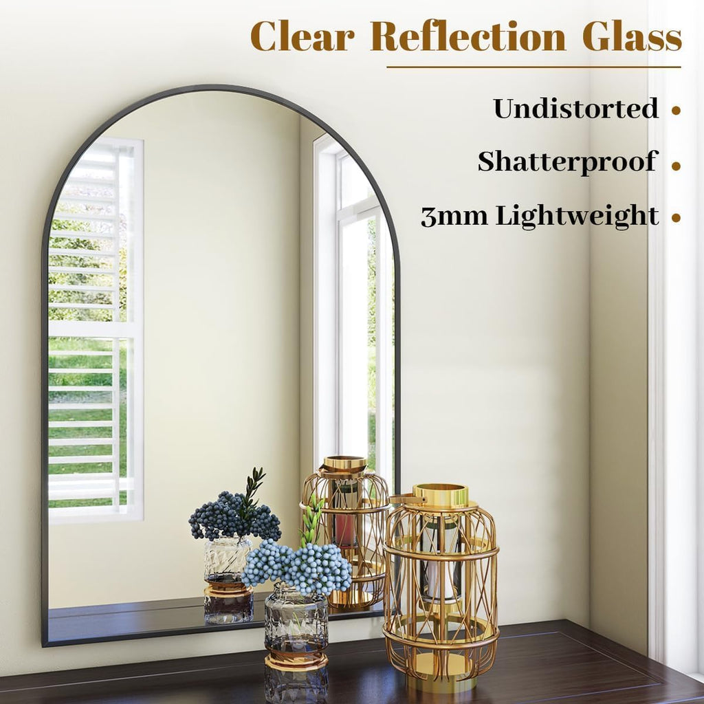 Arched Wall Mirror, 24 x 36 Inch Arch Bathroom Mirror, Wall Mounted Vanity Mirror with Arch Metal Frame, Modern