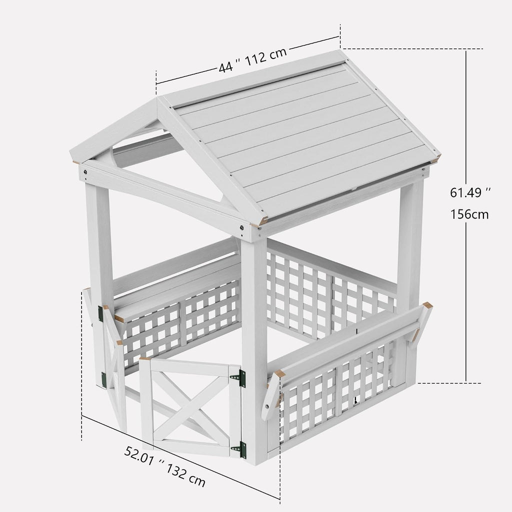 Large Outdoor Wooden Playhouse for Kids Ages 2-8 Waterproof White Playhouse with Built-in Bench & Door 52" x44"