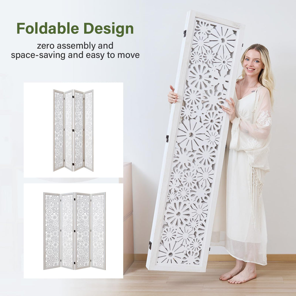 Folding Wood Room Divider Panel, 67 Inch Tall Daisy-Carved Privacy Screen - No-Assembly Required, Decorative Flower