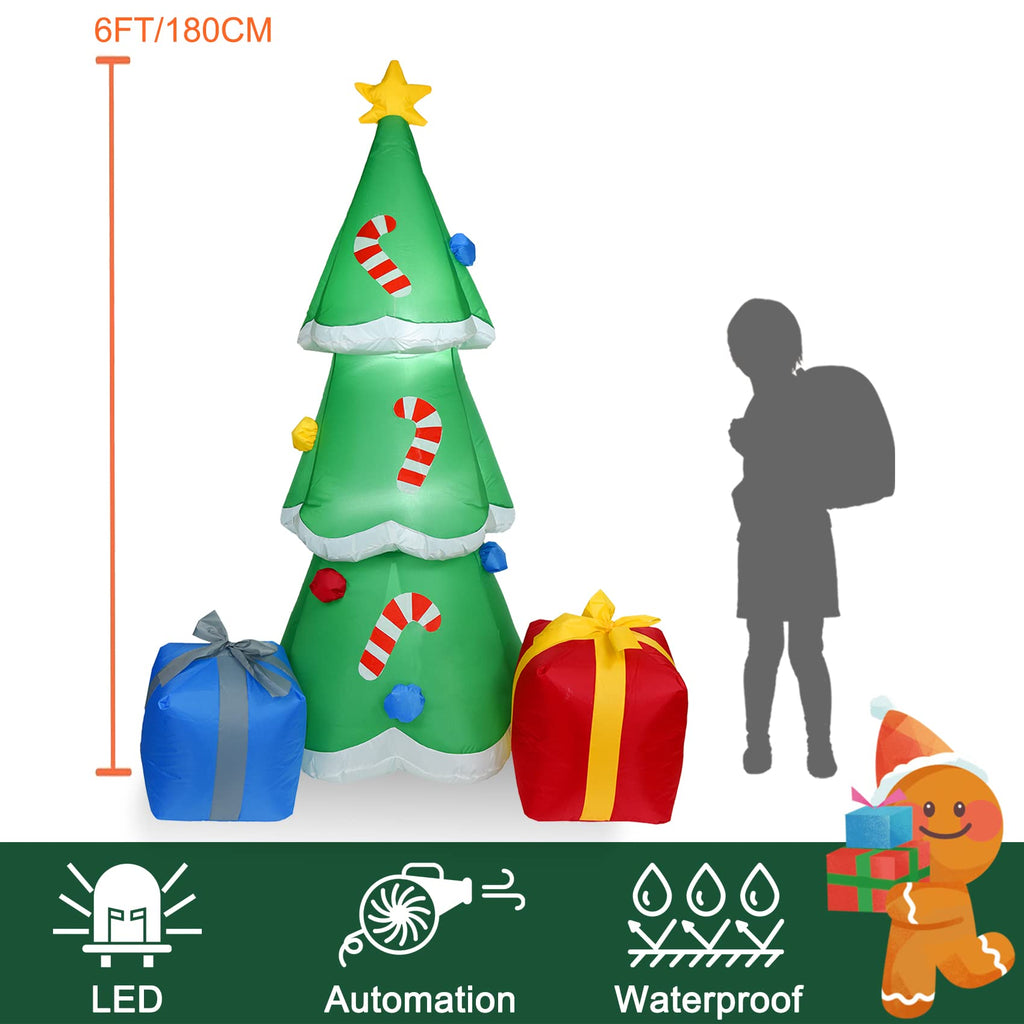 6FT H Adorable Christmas Inflatable Tree with Two Gift Gags with Build-in LED Lights, Blow up Christmas Tree Outdoor