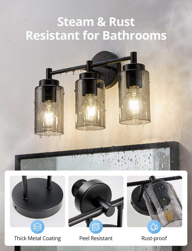 3 Light Bathroom Light Fixtures Modern, Black Over Mirror Lamp | 17.12", Smoky Glass, Soft Cozy Glow, Washroom Vanity