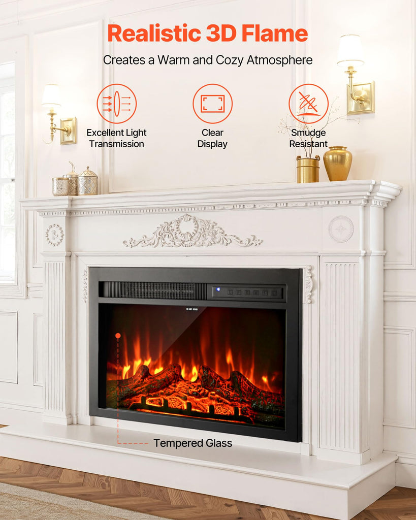 Electric Fireplace Insert, 26 inch Recessed and Wall Mounted with Adjustable Flame Color Brightness & 8h Timer &