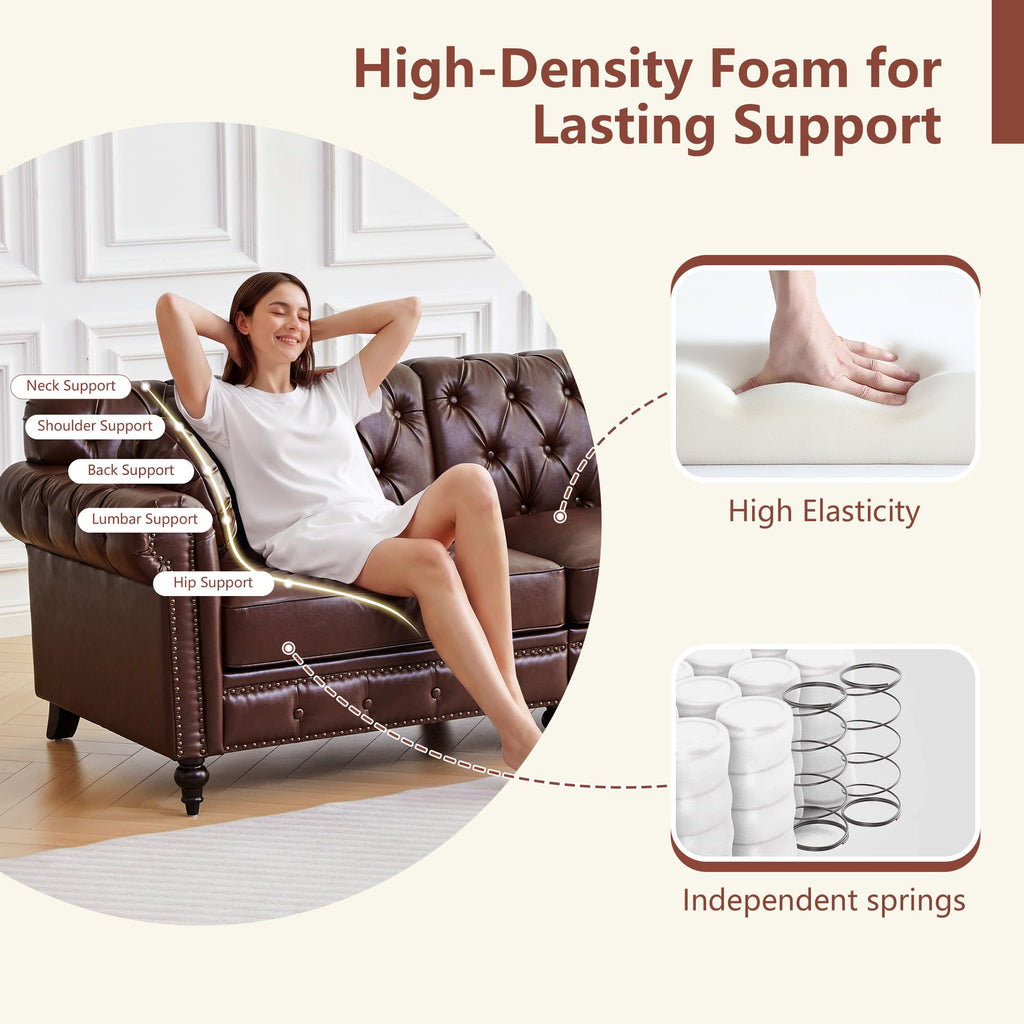 2 Pieces Living Room Furniture Set, High Back Modern Faux Leather Chair Loveseat Couch with Button Tufted, Nailhead