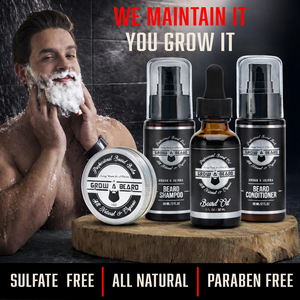 Beard Straightener Grooming Kit for Men, Beard Growth Kit, Wash, Brush & Comb, Unscented Growth Oil, All Natural