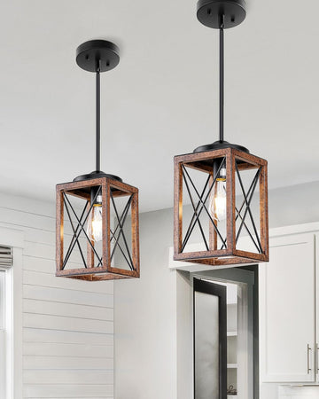 2 Pack Farmhouse Pendant Light, Metal Hanging Light Fixture with Wooden Grain Finish, 48 Inch Adjustable Pipes for