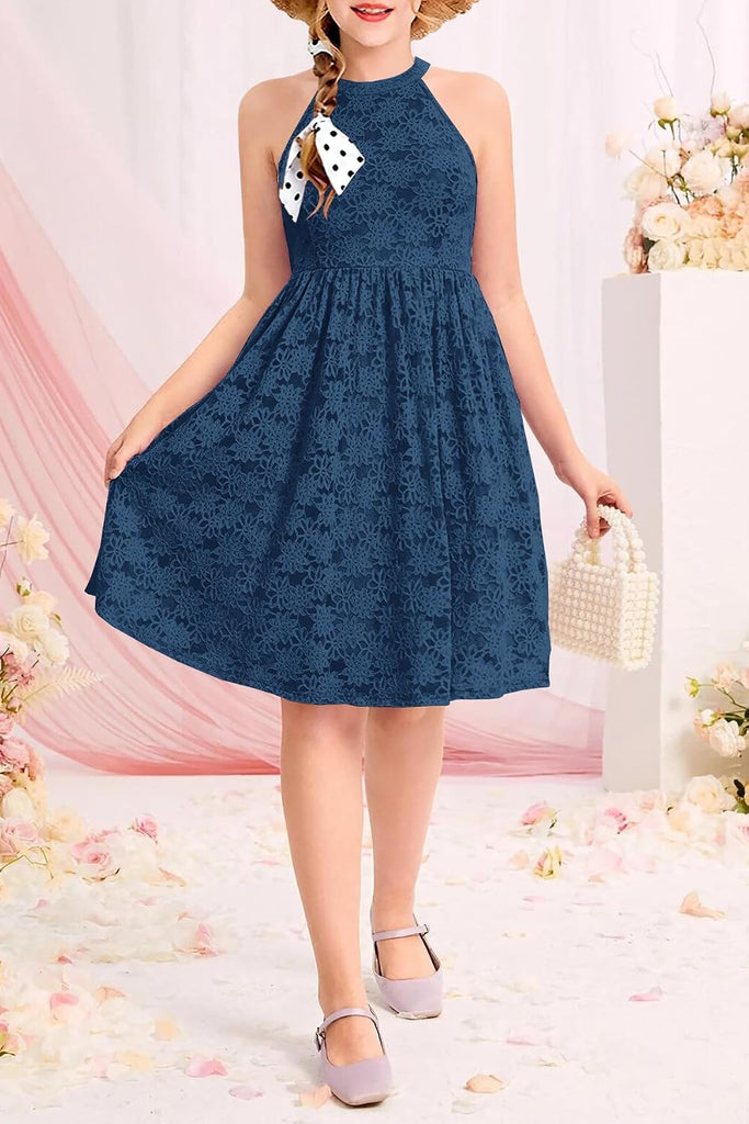 Girls Elegant Floral Lace Junior Bridesmaid Flower Girl Dress
