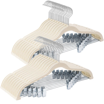 36-Pack Beige Velvet Hangers with Clips Adjustable, Adult Hangers, Heavy-Duty, Felt, Non-Slip, Space Saving, Slim Outfit