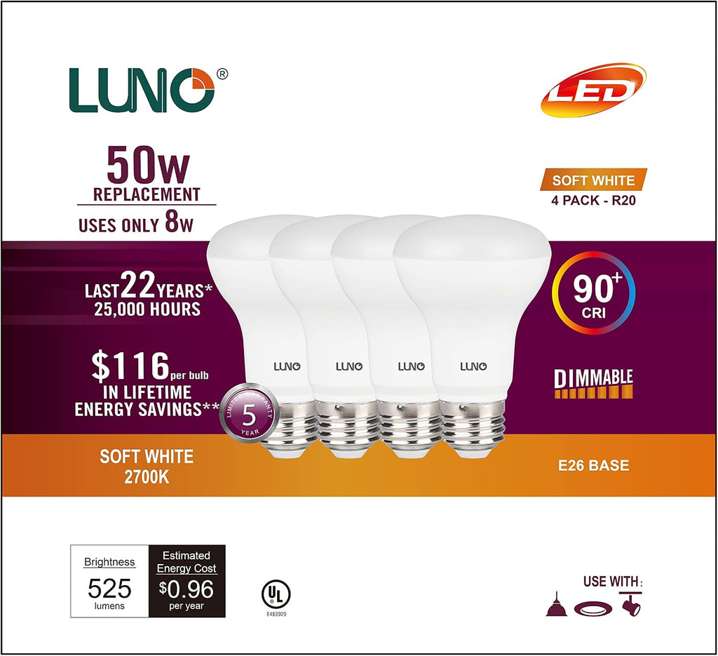 R20 Dimmable LED Bulb, CRI 90+, 8W (50W Equivalent), 525 Lumens, 2700K (Soft White), Medium Base (E26), UL & ENERGY