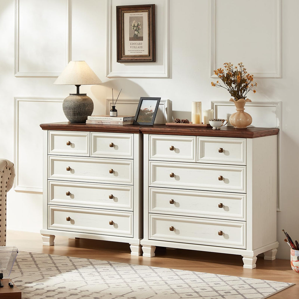 Farmhouse 5 Drawer Dresser Set of 2, 32.6 Inch Tall Modern Chest of Drawers, Mid Century Small Dressers w/Square