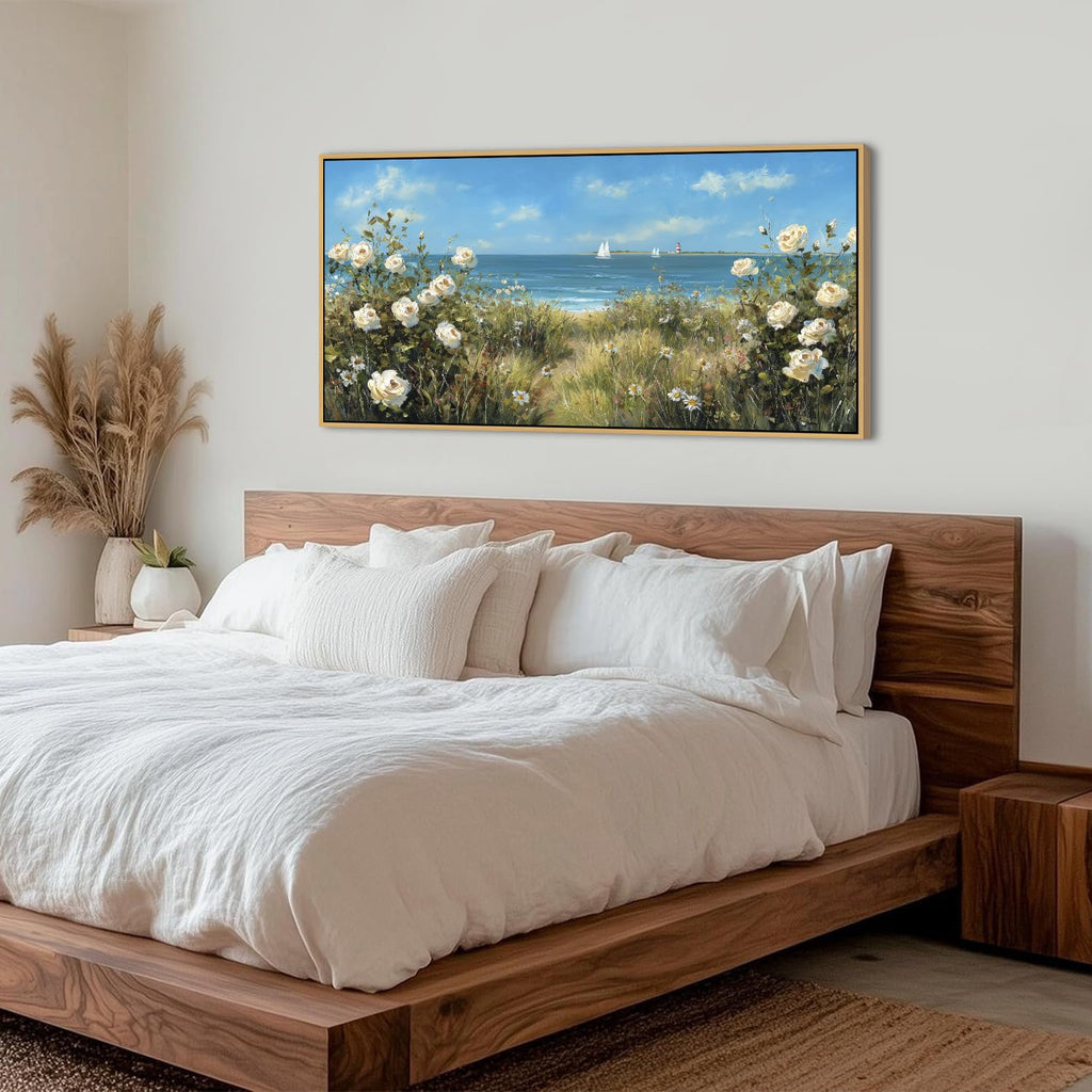 Blue Ocean Wall Art White Flowers Canvas Prints Nautre Coastal Wildflowers Pictures Beach Floral Painting Poster