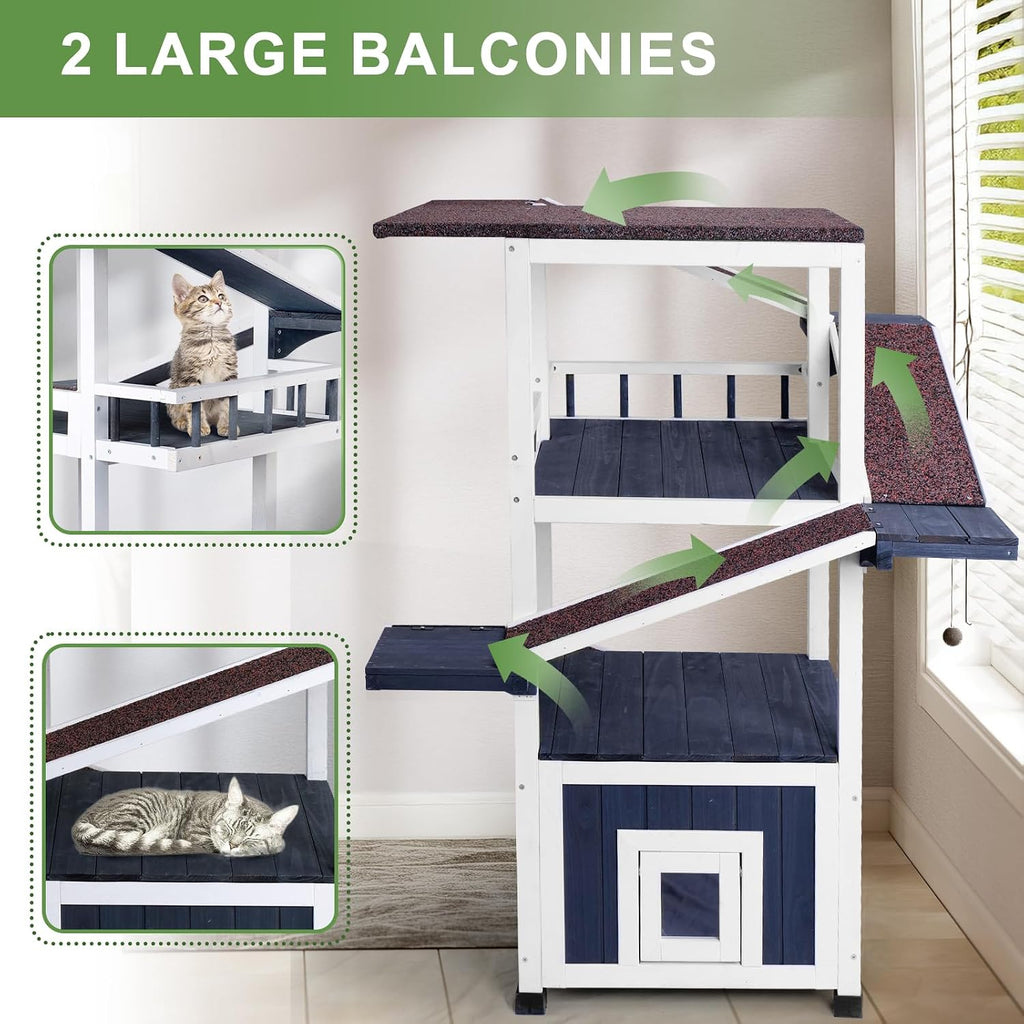 Outdoor Cat Tree, Weatherproof Cat Tower & House, 26.8"x26.8"x45.1"
