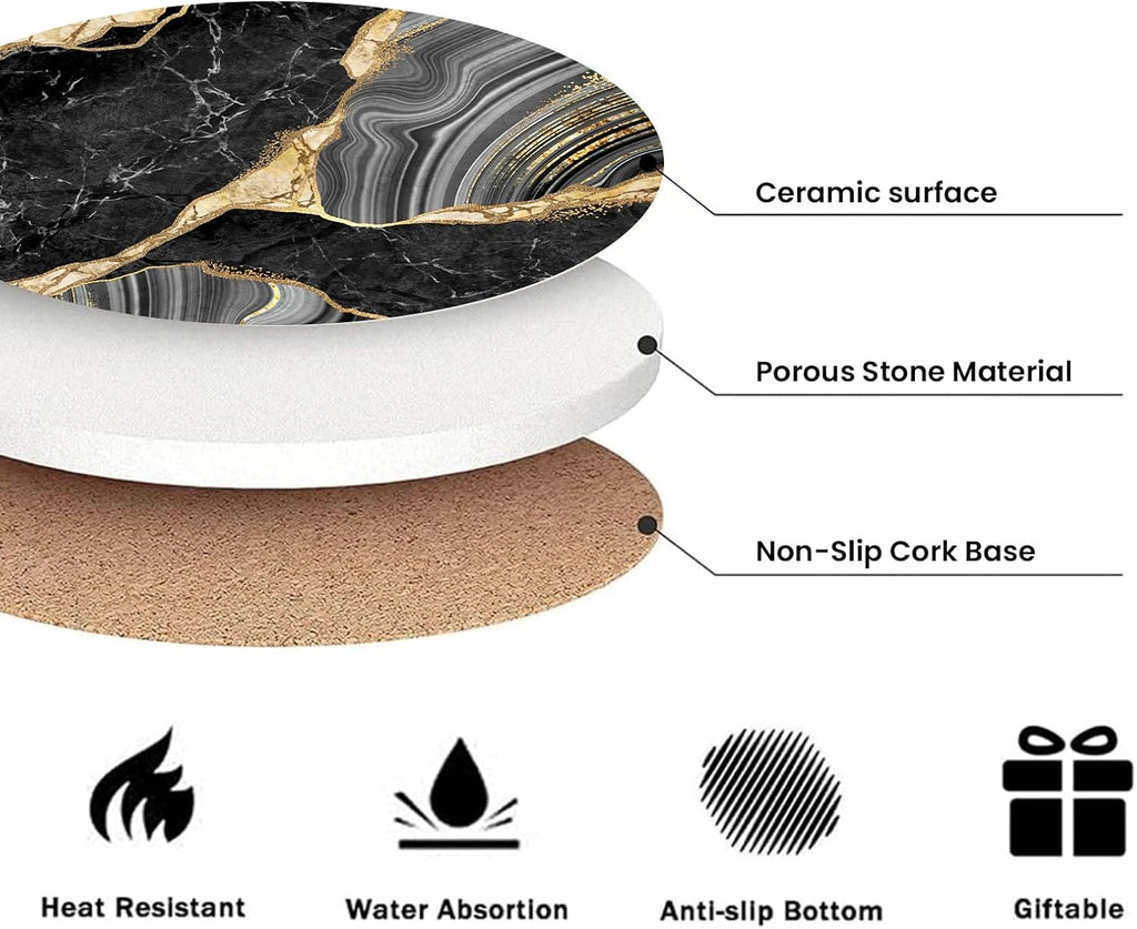 Black and Gold Coasters for Drinks,Round Absorbent Ceramic Stone Coaster with Metal Holder Stand,Black Gold - Set of 6