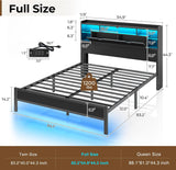 Full Bed Frame with Headboard, LED Bed with Bookcase Storage and Charging Station