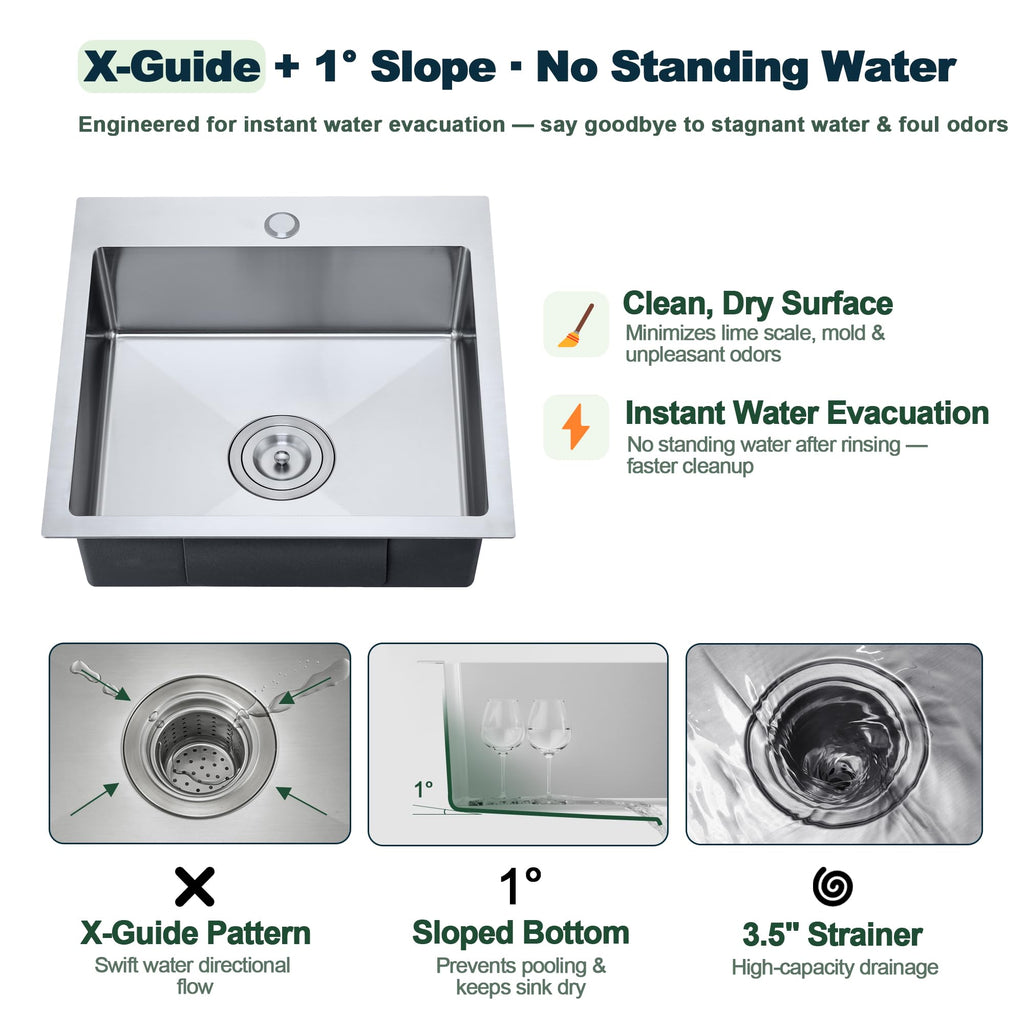 18 x 18 inch Bar Sink, Drop-in Tight Radius Brushed Stainless Steel Topmount Kitchen Sink Single Bowl