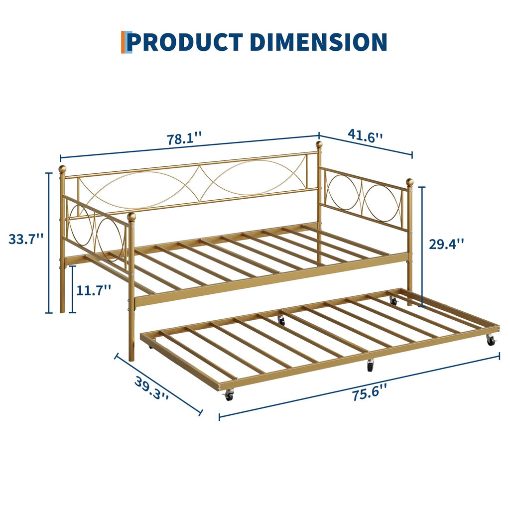 Metal Twin daybed with Trundle with Steel Slat Support