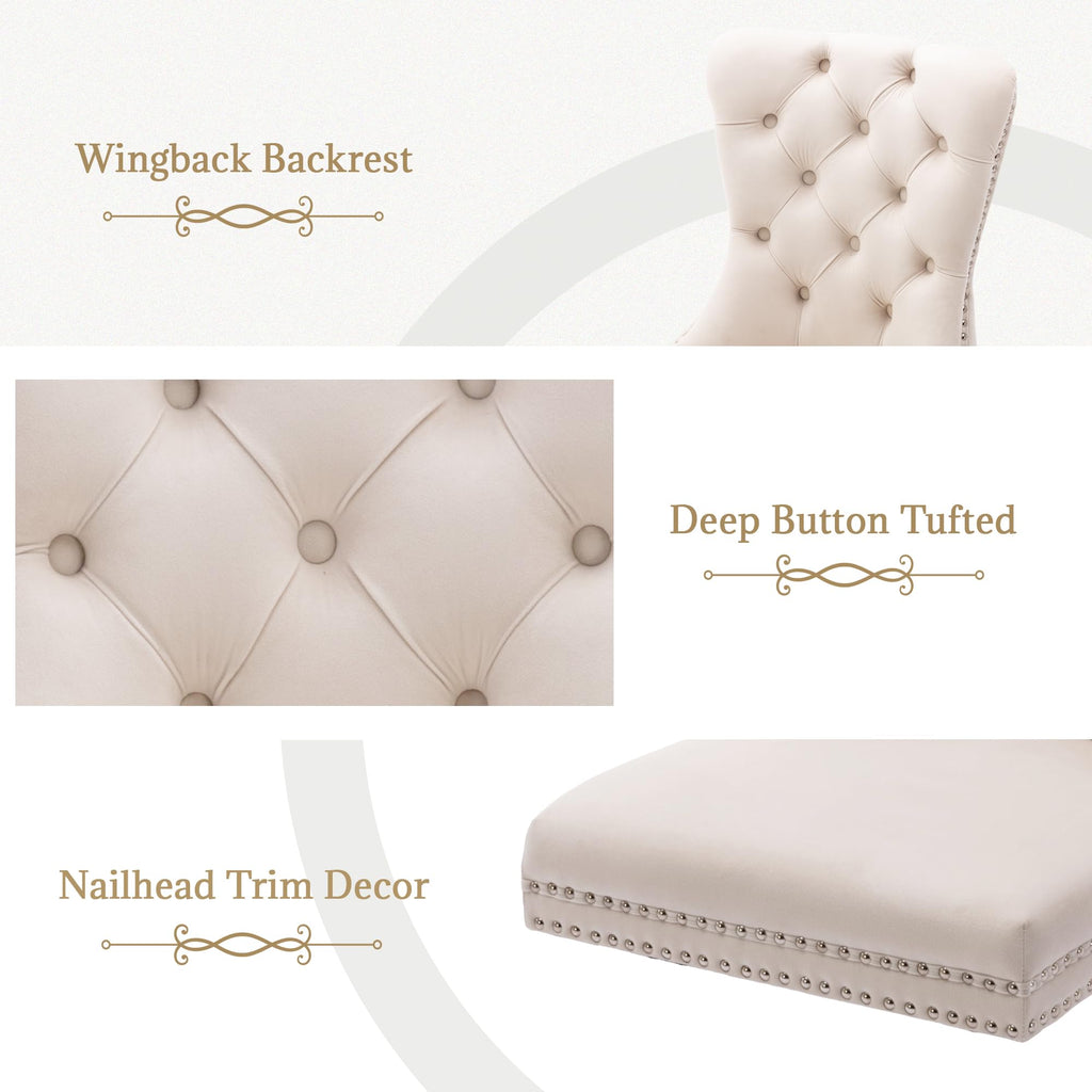 Beige Velvet Dining Chairs Set of 2, Elegant Tufted & Nailhead, Wood Legs