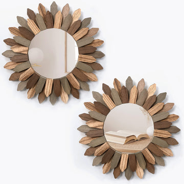 Boho Wall Decor Mirror 2 Pack 12 inch Rustic Wood Decorative Mirror for Room Decor Rustic Farmhouse Wall Decor