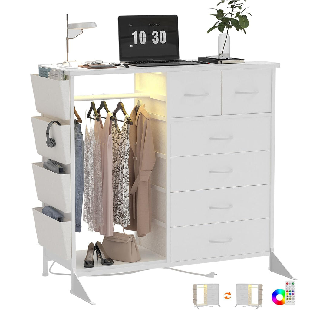 6 Drawer Dresser with Clothes Rack, Clothes Dresser with Side Pockets and Hooks, Charging Station & LED Lights