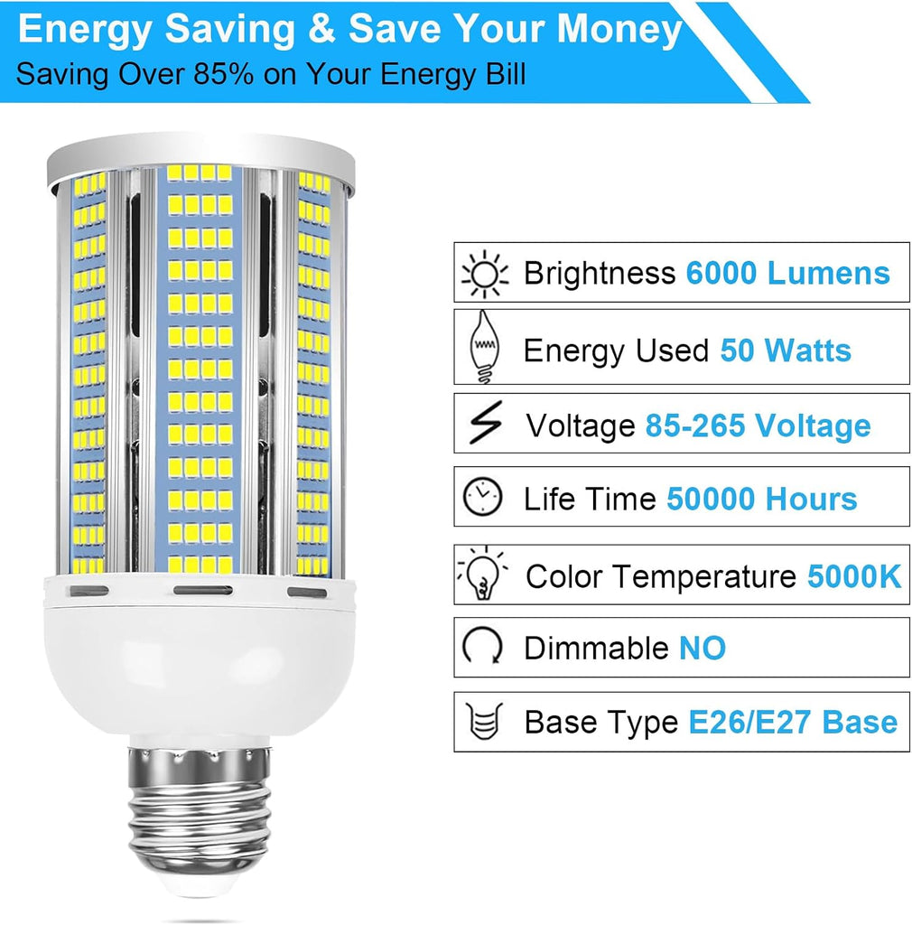 400W Equivalent LED Corn Light Bulb 6000 Lumen Led Corn Bulb 50W Super Bright 5000K Daylight White E26/E27 Base LED