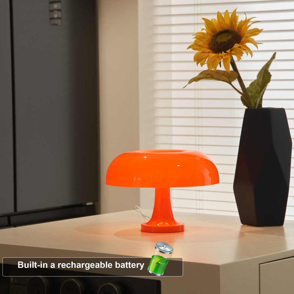 Cordless Mushroom Table Lamp, Rechargeable Orange Bedside Lamp with Touch Control and 3 Color Stepless Dimming