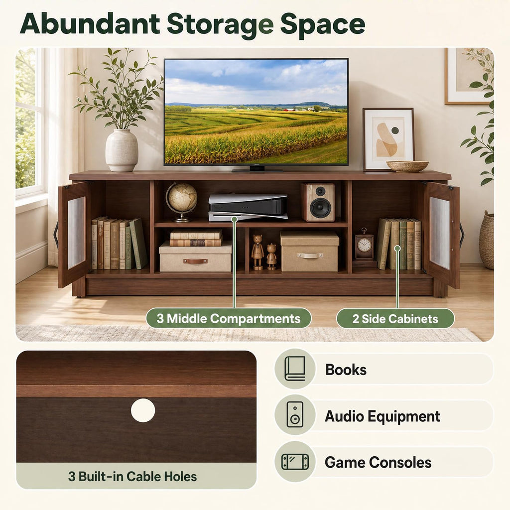 63" Farmhouse TV Stand for 70 inch TV with 2 Fluted Doors (Oak)