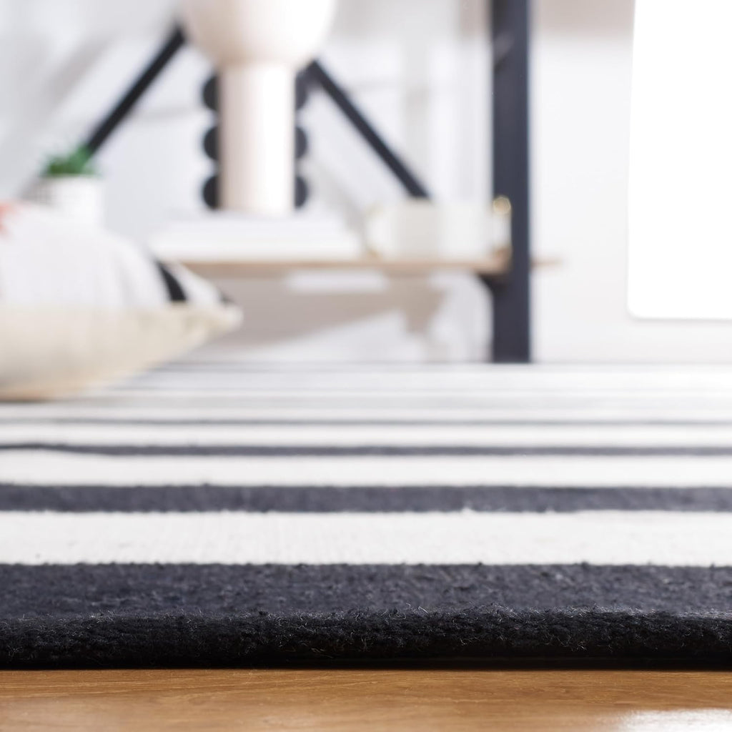 Montauk Collection Area Rug - 8' Square, Black & Ivory, Handmade Flatweave Cotton, Woven Texture, Farmhouse Stripe