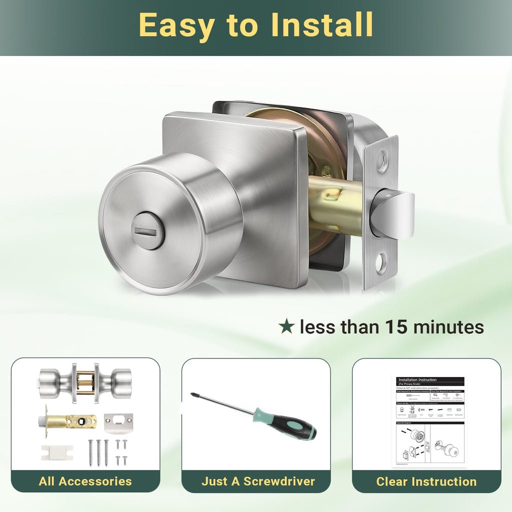 Tulip Privacy Door Knob with Square Backplate, Modern Cylindrical Square Rosette Keyless Lock , Quiet & Easy Install