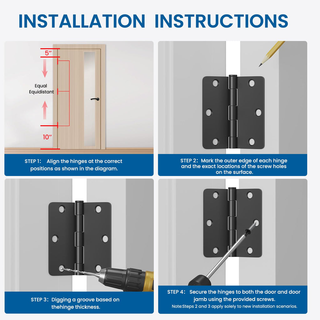 30 Pack Matte Black Door Hinge 3.5 x 3.5 inch with 1/4 Radius, Black 3 1/2 Interior Door Hinges, 3 1⁄2"x 3 1⁄2"