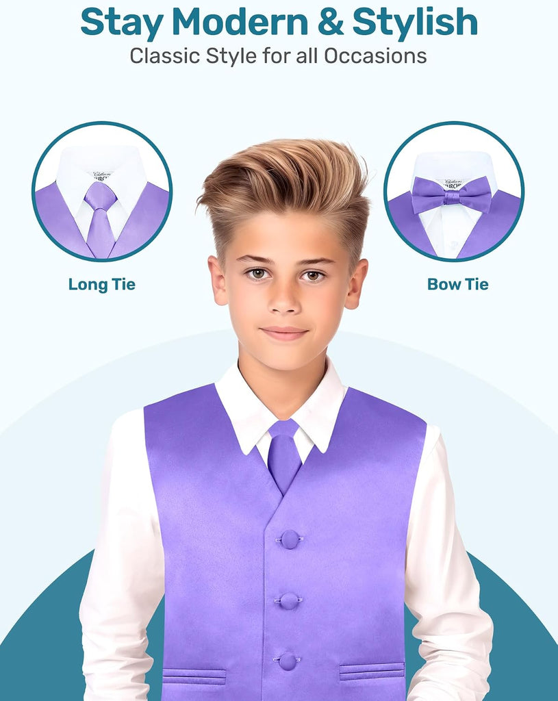 Boys 4 Piece Vest Set with Pre-Tied Bow Tie, Necktie & Pocket Square