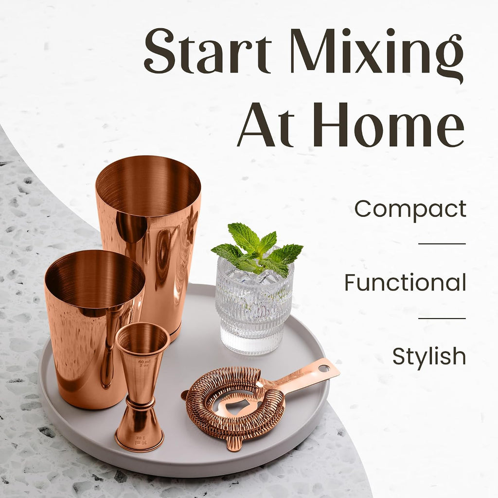 Cocktail Shaker Set Boston Shaker, Strainer and Japanese Jigger, Portable Bar Set Bartending (Copper)