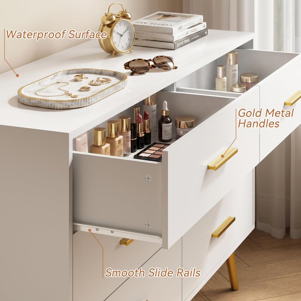 47" White Dresser with 6 Drawers & Modern Gold Handles