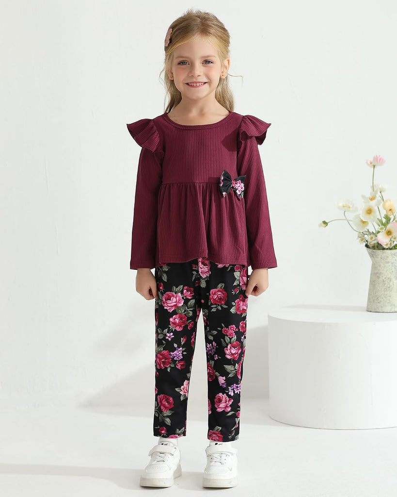 Toddler Girl Clothes Long Sleeves Ruffle Top Floral Pants 2 Piece