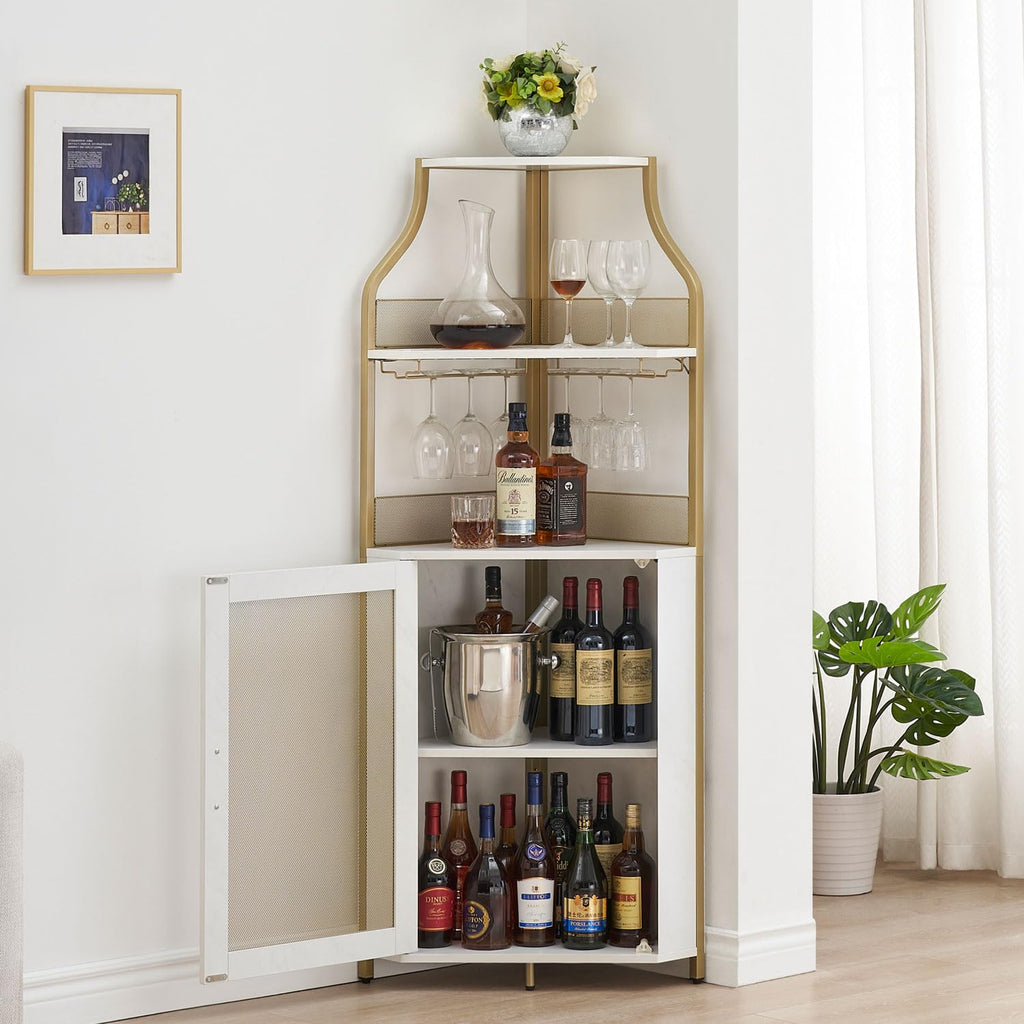 Corner Wine Bar Cabinet with Large Storage Space and Removable Wine Rack, Coffee Bar Cabinet with Glass Holder and