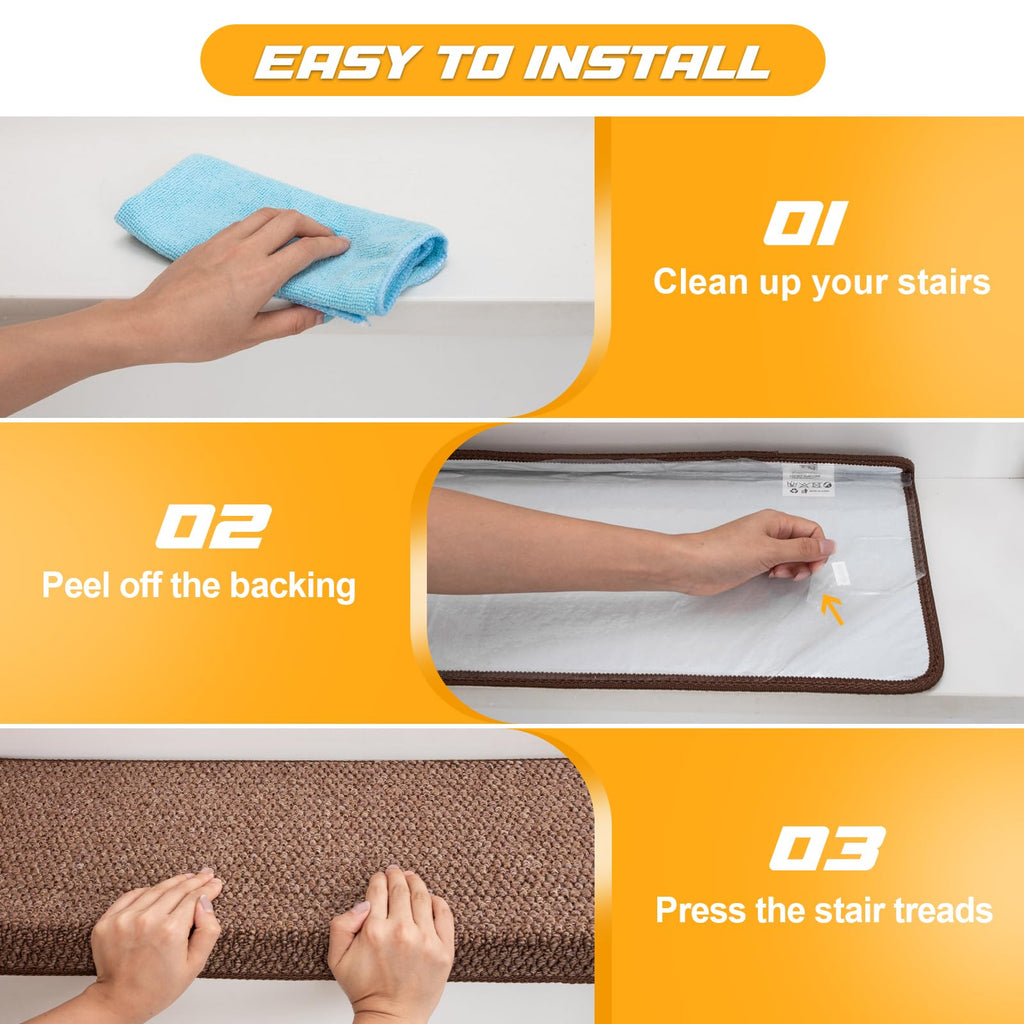 Stair Treads for Wooden Steps Indoor Set of 7 - Faux Sisal Bullnose Carpet Stair Mats Non Slip Self Adhesive