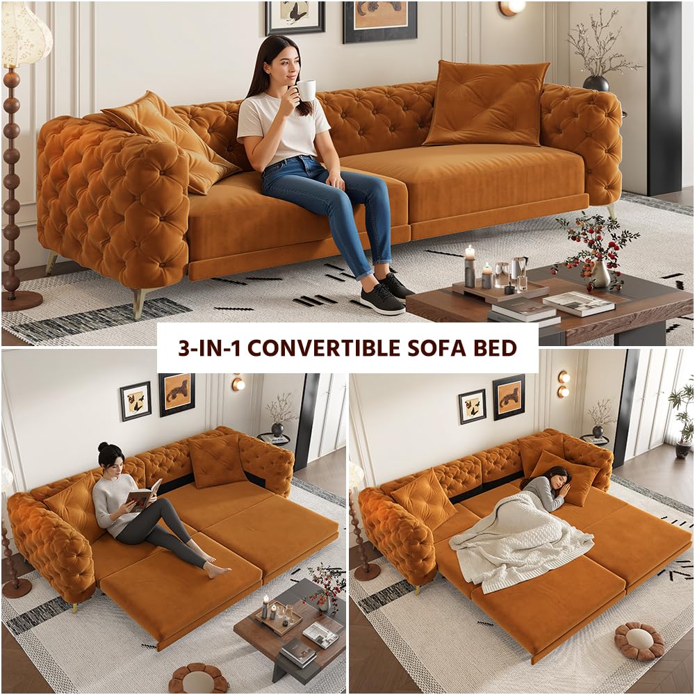 97.7" King Size Sleeper Sofa Bed, 3-in-1 Convertible Pull Out Chesterfield Sleeper Couch with Ottoman, Oversized