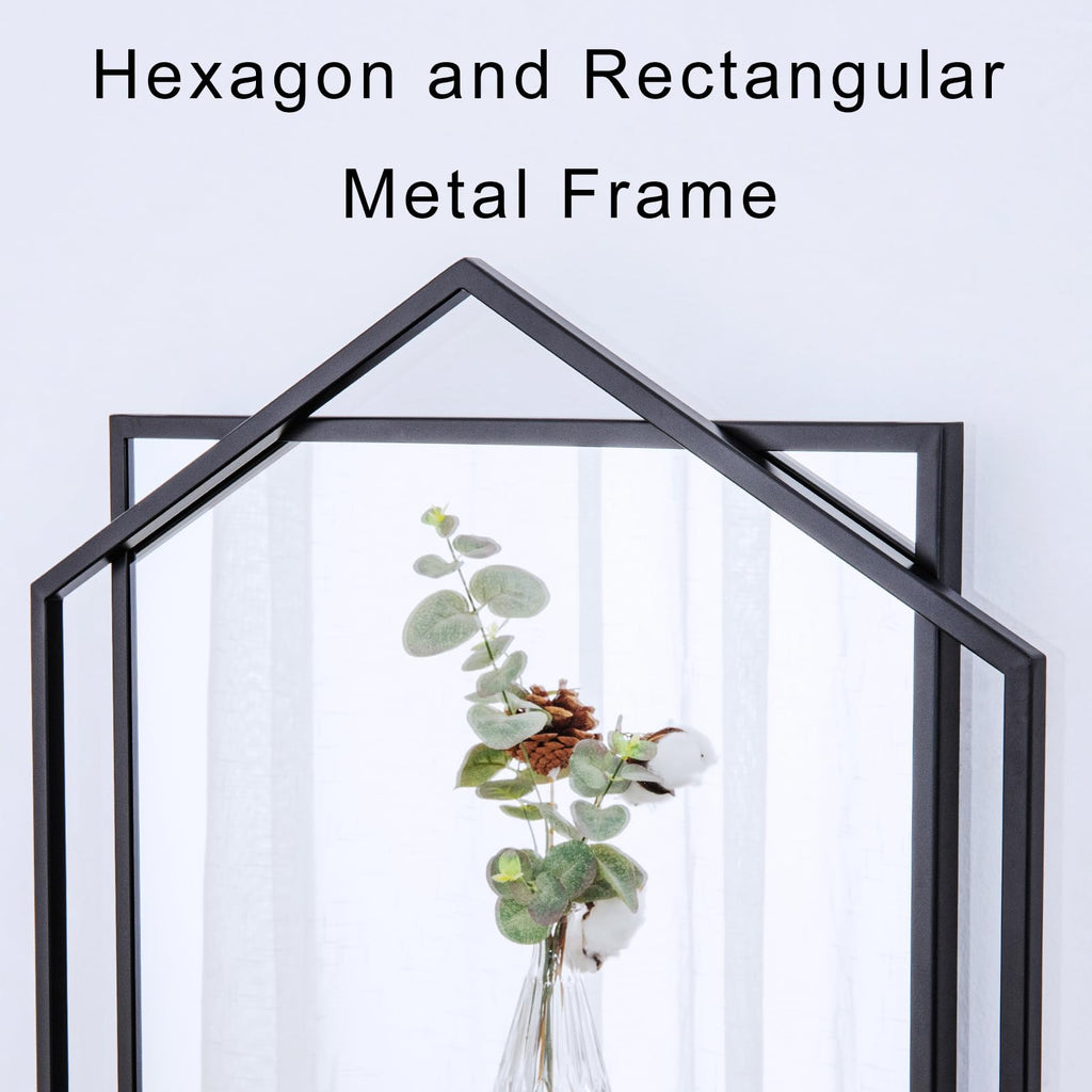 28"x 55" Black Decorative Mirror with Hexagon Metal Pipe Frame