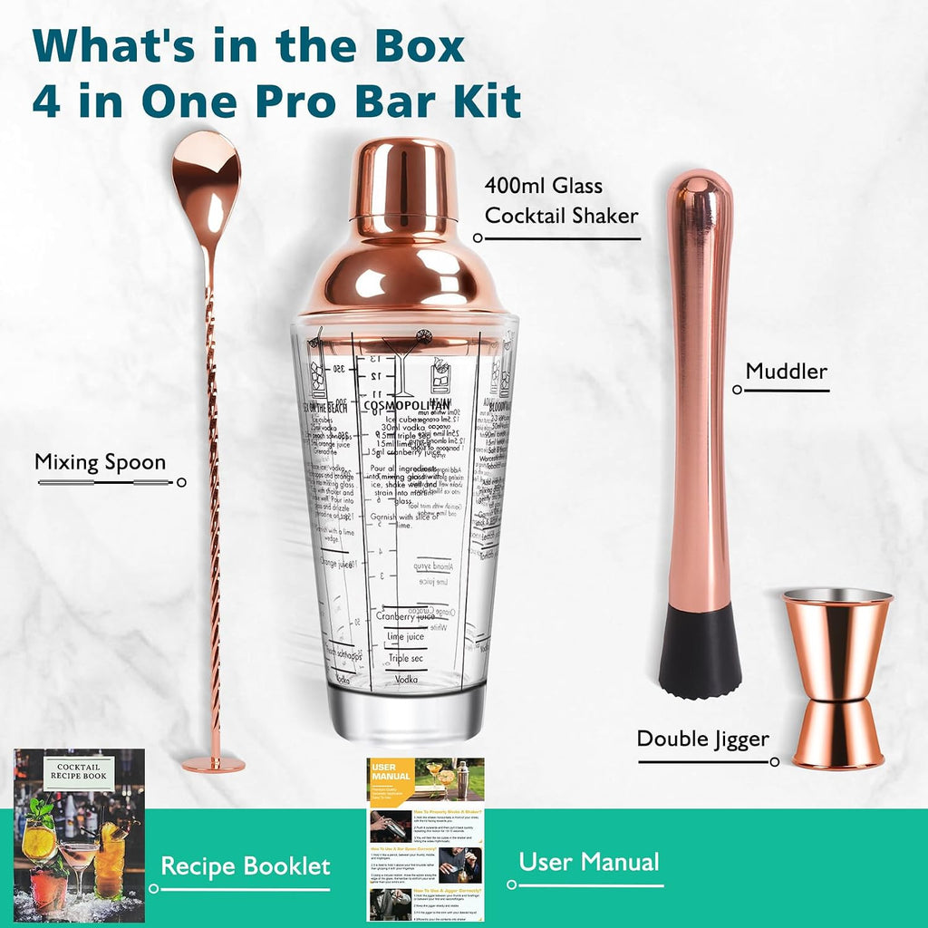 14oz Glass Cocktail Shaker Set, Bartender Kit, Martini Mixer Shaker with Built-in Strainer, Mixing Spoon - Set of 4