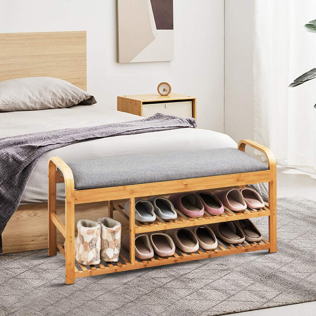 Bamboo Entryway Shoe Bench, 3 Tier Sturdy Shoe Rack with Flip Top Storage Space and Padded Cushion, Compact Shoes