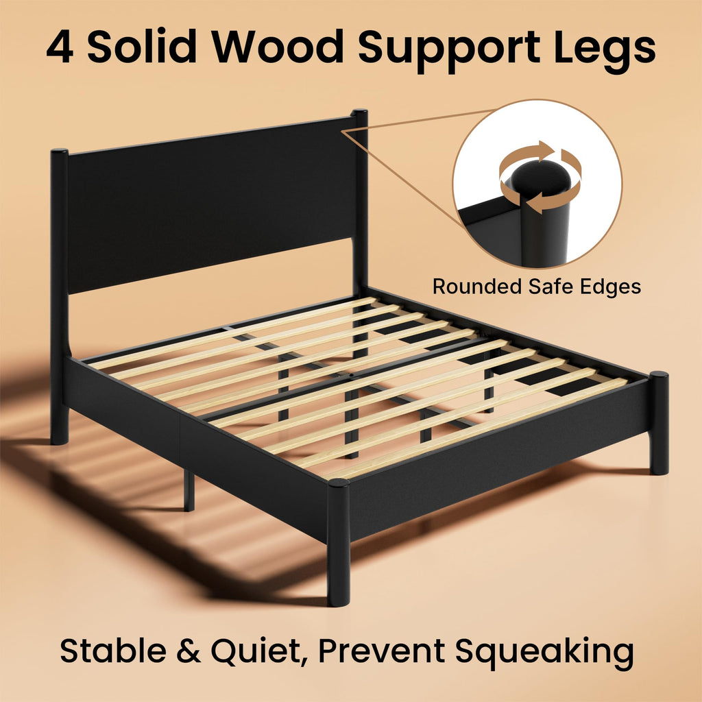 King Size Platform Bed Frame with Wood Headboard, Black