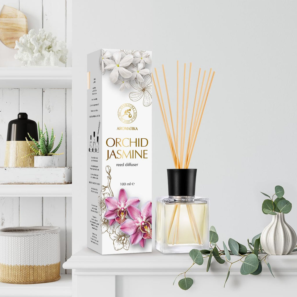 Reed Diffuser Orchid-Jasmine 3.4 Fl Oz - Fresh & Long Lasting Fragrance - Gift Set with 10 Bamboo Sticks - Good for
