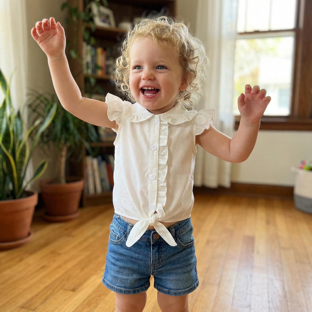 Toddler Girl Button Down Shirt Tie Knot Shirt Plaid Blouse Sleeveless Ruffle Tops Kids Baby Summer Clothes