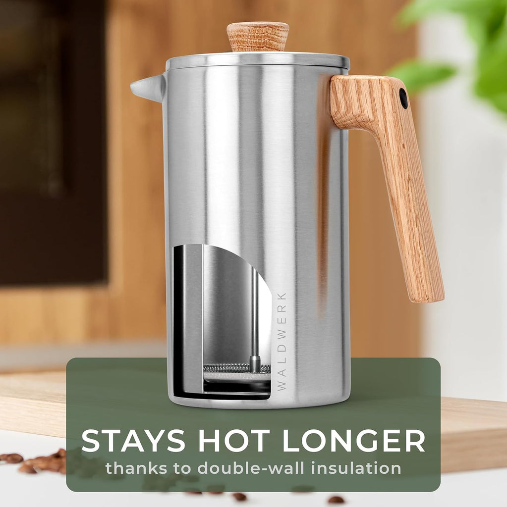 French Press (34 oz) - Non-Toxic Stainless Steel Double Wall French Press Coffee Maker - Plastic Free Coffee Press