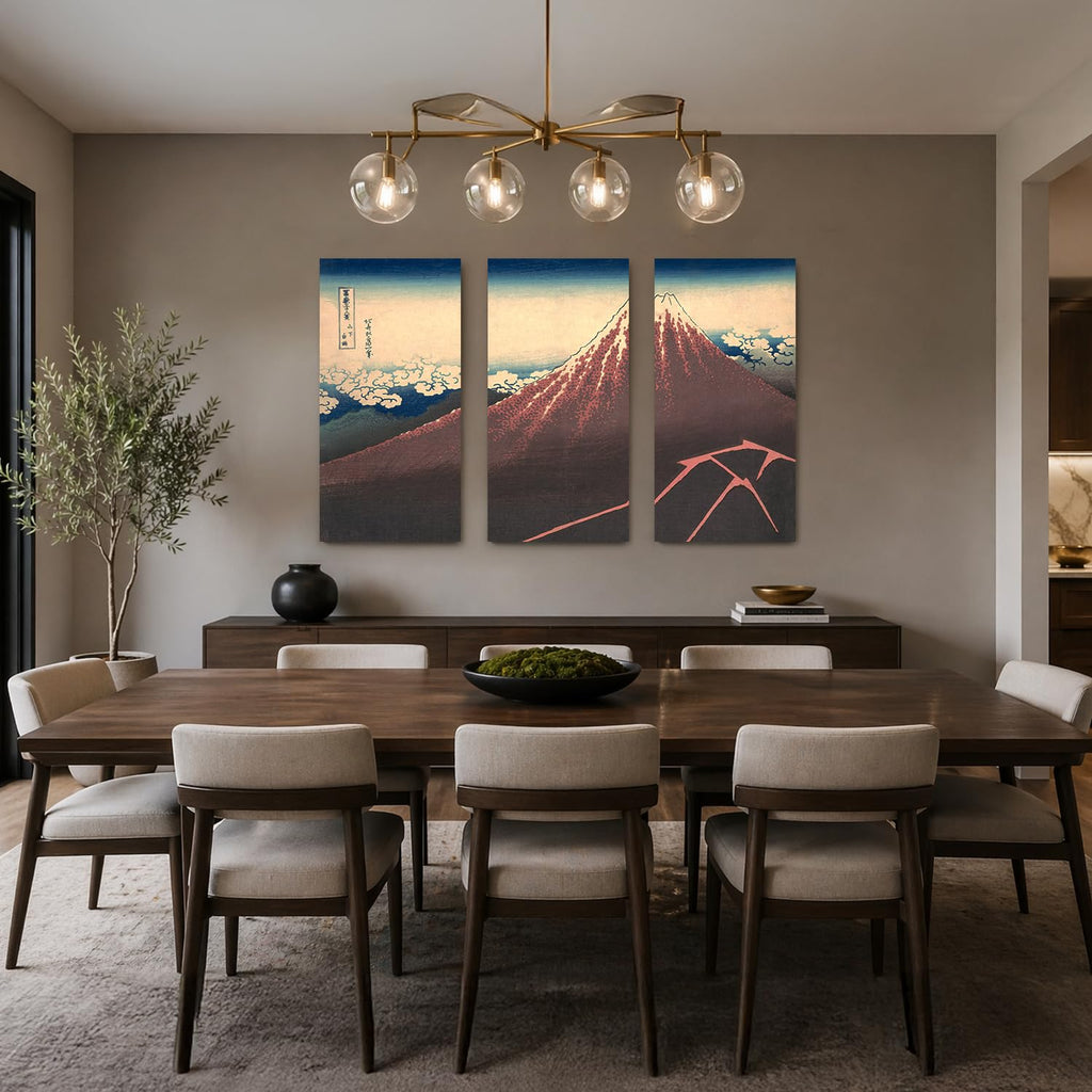 Japanese Wall Art, Black Fuji Hokusai Storm 3 Piece, 48x32''