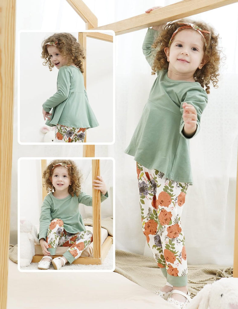 Toddler Baby Girl Clothes Solid Color Ruffle Tops Floral Pants with Headband Outfit Set