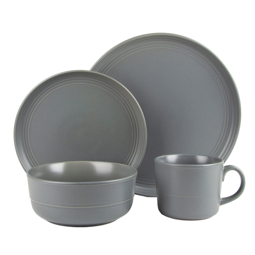 Double Line 16 Piece Dinnerware Set, Matte Gray