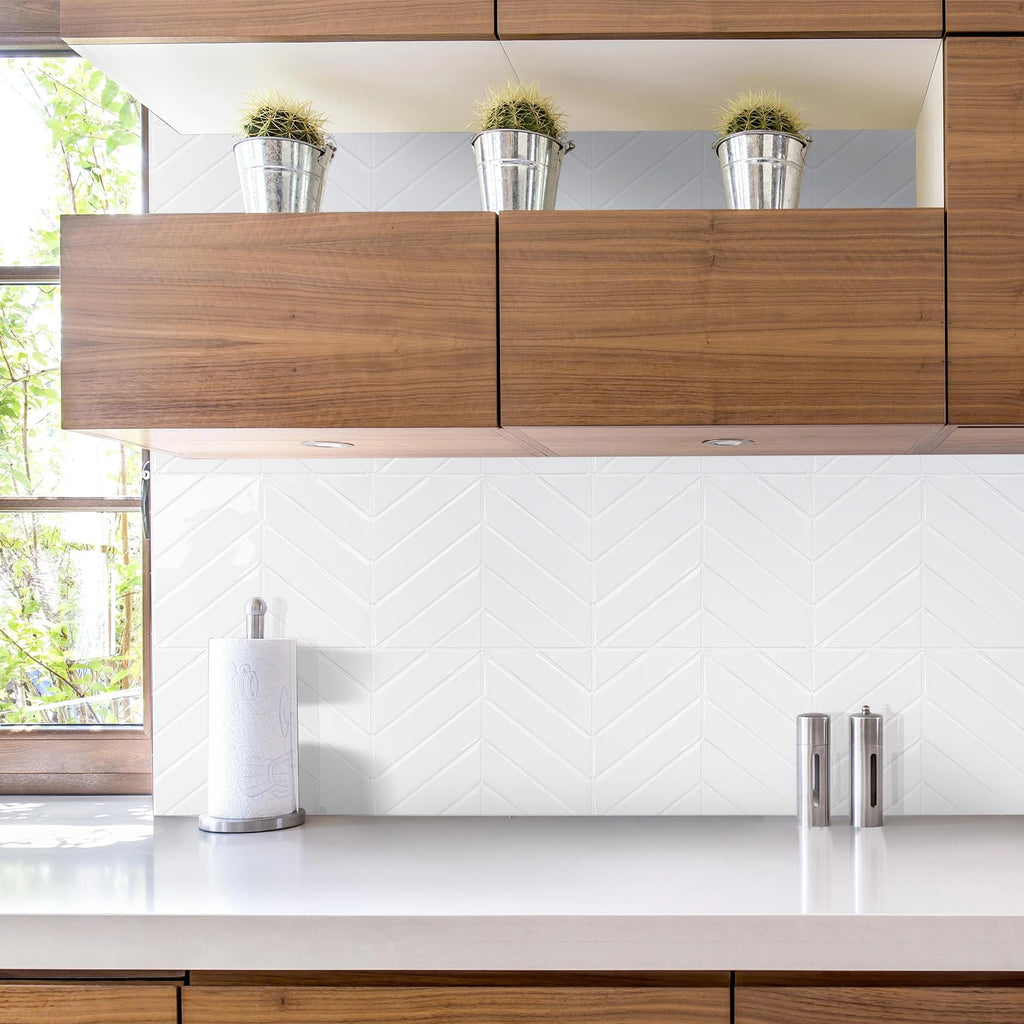 Herringbone Peel and Stick Backsplash, Pure White, 10 Sheets
