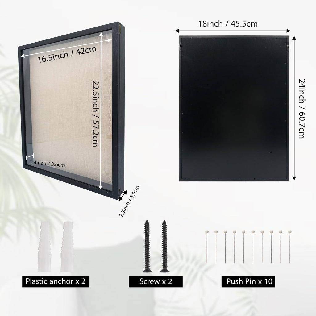 18x24 Wood Shadow Box Frame Glass Door Display Case with Linen Back and 6 Stick Pins, 1.5 inches Interior Depth, Ideal